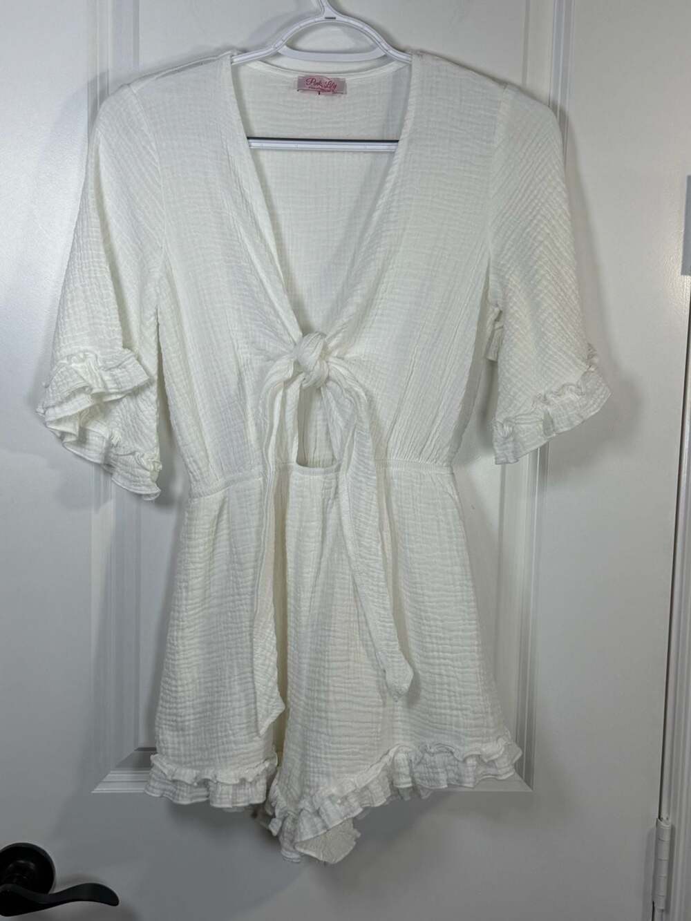 Pink Lily White Tie Front Ruffle Romper Size XS
